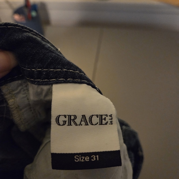 Grace In LA Dark Blue Distressed Boot Cut Jeans Embellished Pockets Size 31 - Picture 10 of 14